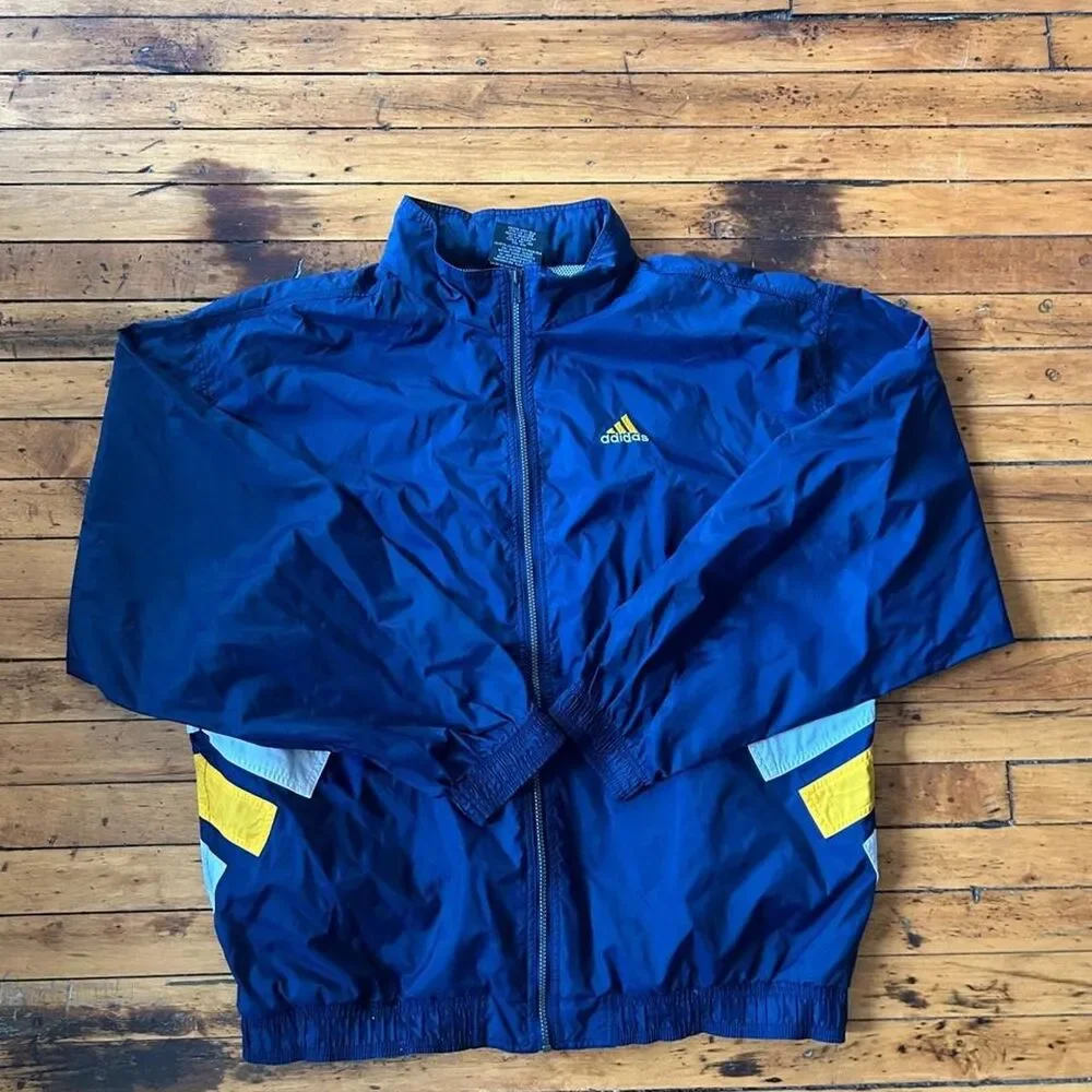 Vintage 90s Adidas Windbreaker Jacket Navy Blue Yellow Full Zip XXL